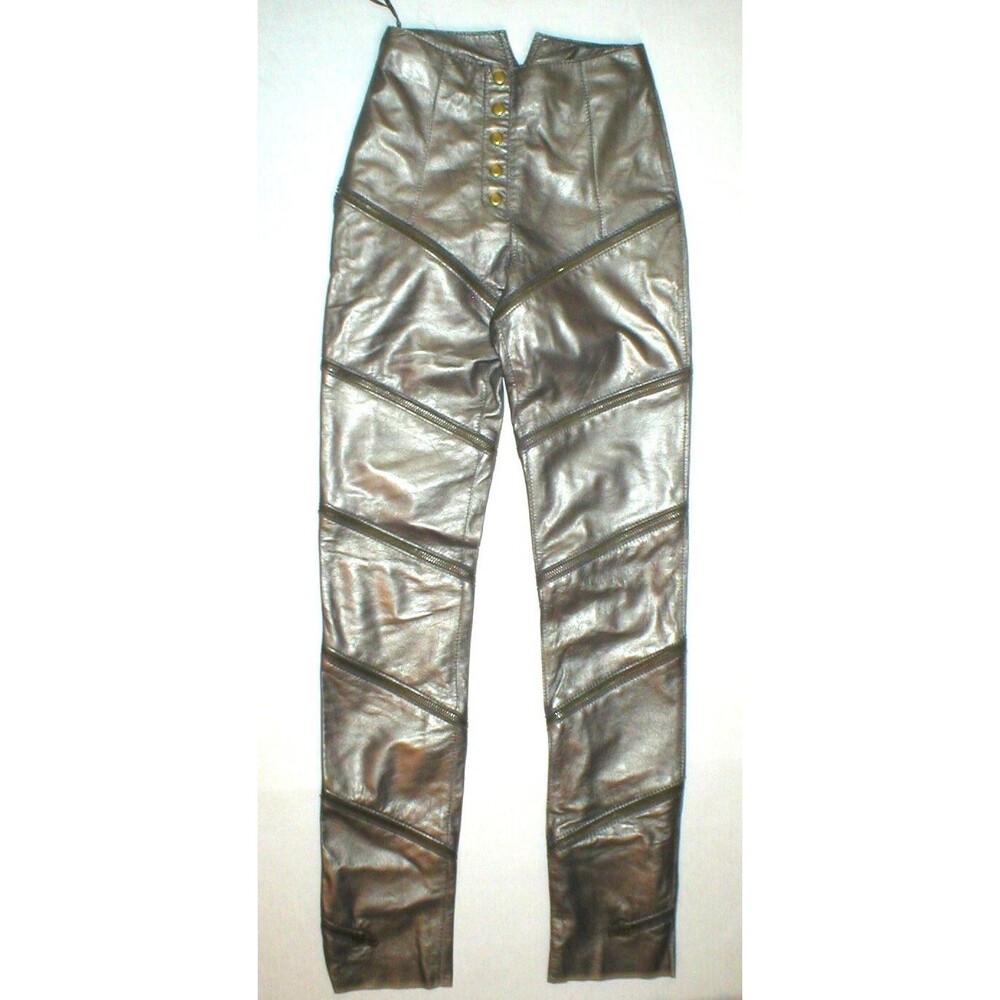 NWT $1250 Womens 2 EU 38 Bronze Brown Leather Pants Zippers Designer Malandrino